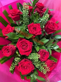 12 Red Roses Hand Tied in water Bouquet